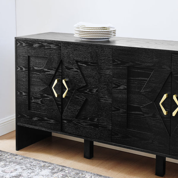 English Elm 60" Mid Century Modern Sideboard Buffet Cabinet with Fluted Diamond Front, Adjustable Shelves, Black — Stylish Storage for TV, Dining, Entryway W1801P290306