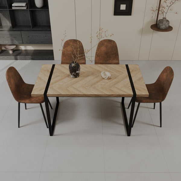 English Elm 59" Light Wood Mdf Dining Table Set with Suede Chairs and Matte Black Metal Base W3732S00008