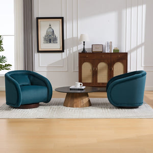 English Elm Swivel Barrel Chair Pumpkin Sculptural Velvet Upholstered with Walnut Wood Round Base Teal W3244P427742