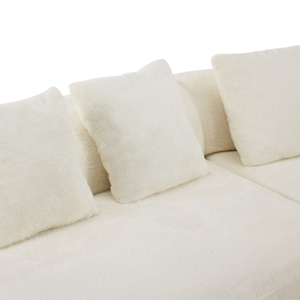 English Elm white plush curved multi-seater sofa with pillows — Nordic skin-friendly fabric, space-saving design W3612S00008