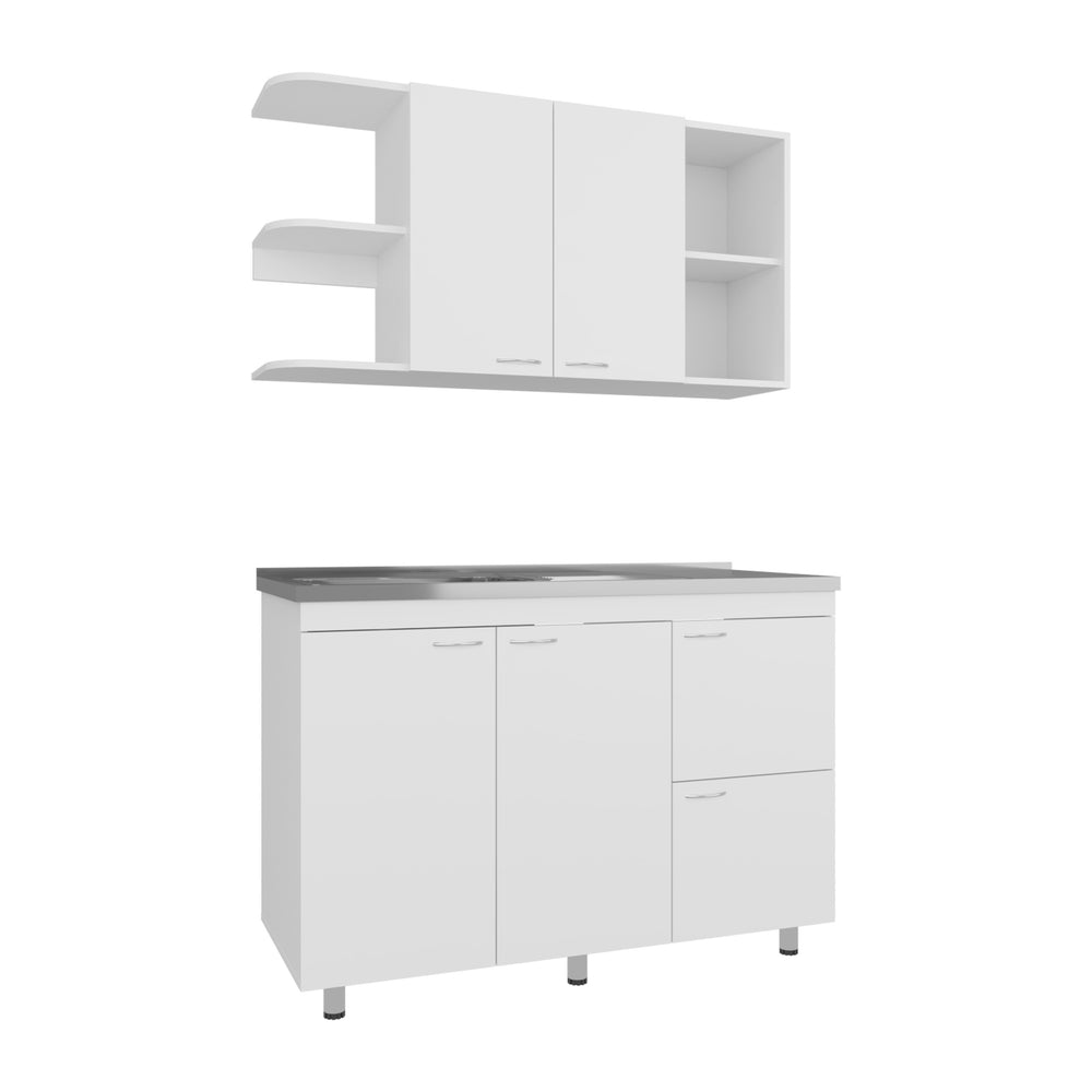 English Elm Byron Two Piece White Kitchen Cabinet Set with Sink Basin Six Doors Nine Shelves B097S00227