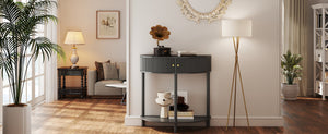 English Elm Artisan-crafted Demi-lune Console Sculptural Wave Drawers Vanilla Lacquer Hallway Accent Dark Gray W2557P329371
