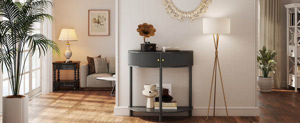 English Elm Artisan-crafted Demi-lune Console Sculptural Wave Drawers Vanilla Lacquer Hallway Accent Dark Gray W2557P329371