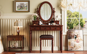 English Elm Vanity Vintage Wooden Makeup Desk with 180° Adjustable Mirror, 5 Velvet‑Lined Drawers & Cushioned Stool Walnut 52.7 L x 22.5 W x 11 H N733P305139D