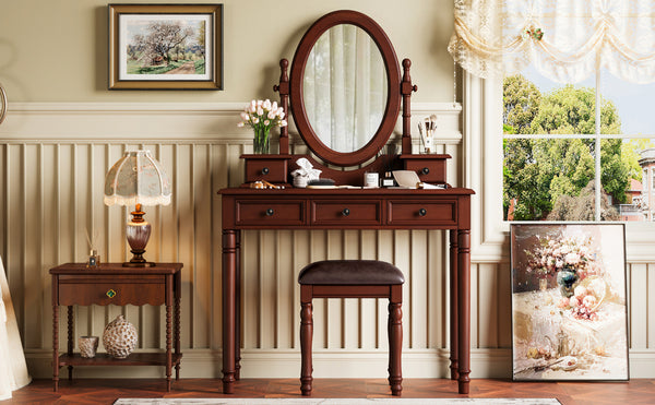 English Elm Vanity Vintage Wooden Makeup Desk with 180° Adjustable Mirror, 5 Velvet‑Lined Drawers & Cushioned Stool Walnut 52.7 L x 22.5 W x 11 H N733P305139D