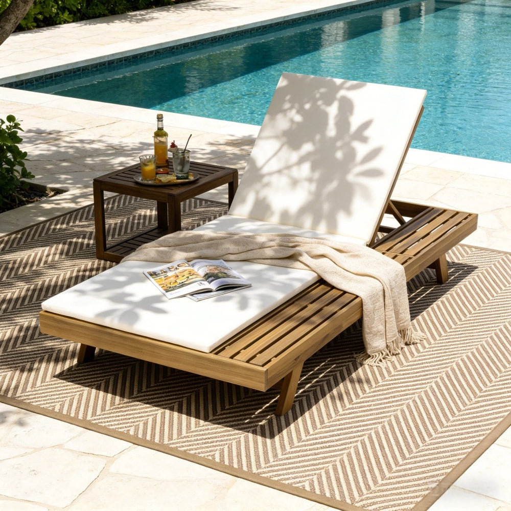 English Elm Lounge Chaise Outdoor Acacia Wood Slatted Frame with Water Resistant Cushion Resort Style Cream,Light Brown N770P442L18C