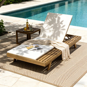 English Elm Lounge Chaise Outdoor Acacia Wood Slatted Frame with Water Resistant Cushion Resort Style Cream,Light Brown N770P442L18C
