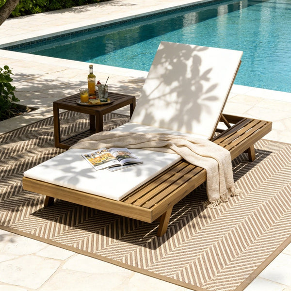 English Elm Lounge Chaise Outdoor Acacia Wood Slatted Frame with Water Resistant Cushion Resort Style Cream,Light Brown N770P442L18C