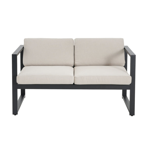 English Elm Christopher Knight Home® - NAVAN Aluminum 4-Piece Chat Set with Beige Olefin Cushions, Black Finish, Comfortable Outdoor Seating N775P243378B