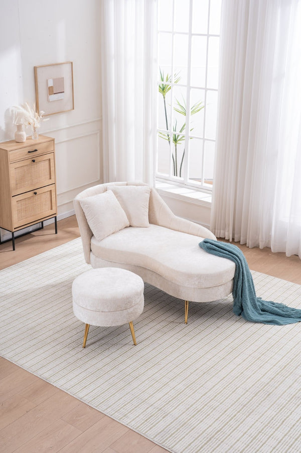 English Elm 58'' Chenille Chaise Lounge with Footstool Pocket Spring Comfort for Bedroom Living Room Beige W2363S00087