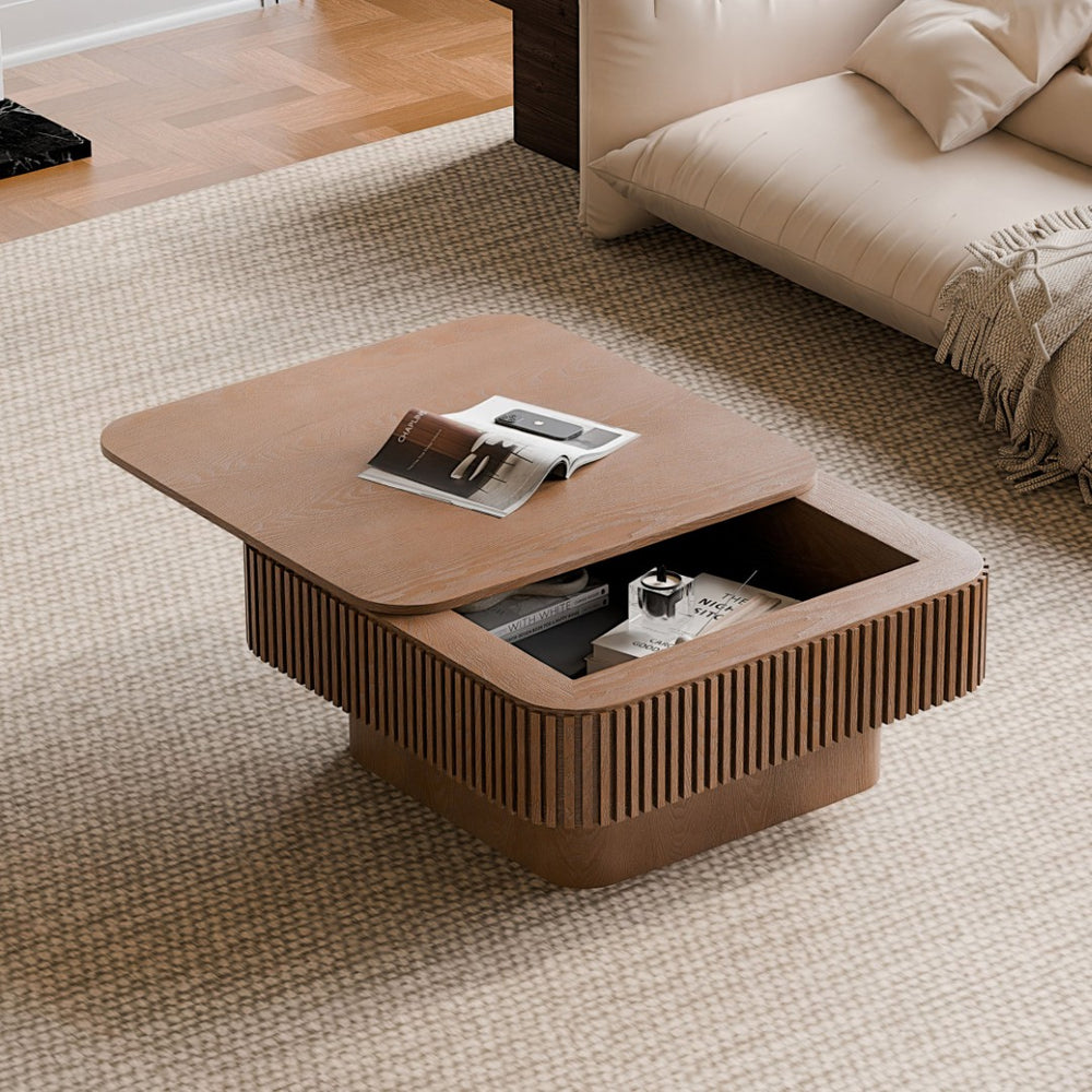 English Elm 31.5'' Square Wood Veneer Flip Top Storage Coffee Table with Slat Detail for Living Rooms Walnut W1435P375246