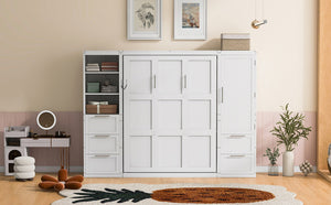 English Elm Queen Murphy Wall Bed with Wardrobe Drawers and Shelves for Studio or Guest Room White LP000865AAK-1