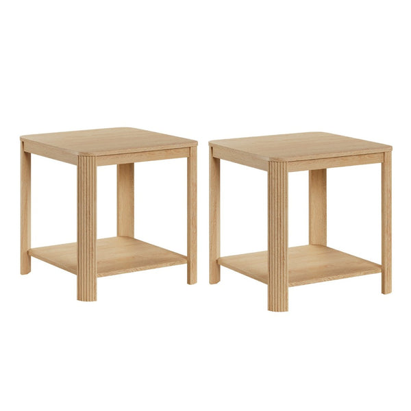 English Elm Rounded Square End Tables Set of 2 Boho Walnut with Wave Legs and Open Shelf W5563P449959