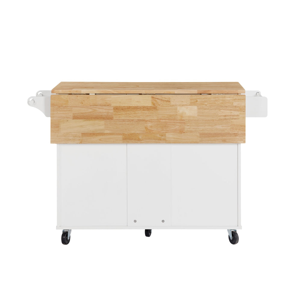 English Elm Kitchen Island Cart with Drop-Leaf Rubberwood Countertop, Rolling Tower Rack, Drawers & Spice Storage White W1820P195005