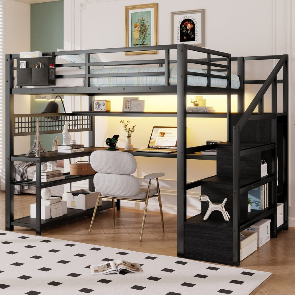 English Elm Full Size Steel Loft Bed with Staircase Storage Wardrobe Desk and Led Lighting Black W2593S00079