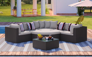 English Elm Go 7 Piece Outdoor Pe Wicker Sectional Set with Steel Frame and Striped Accent Pillows Brown FG201212AAA