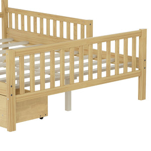 English Elm Twin Pine Platform Bed with Guardrails and Under Storage Drawers for Small Rooms N733P172700M