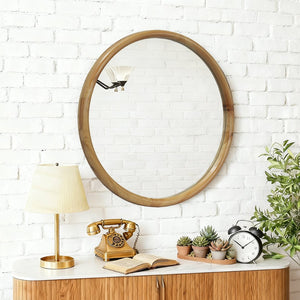English Elm Round Wood Framed Wall Mirror - 26.77" Natural Decorative Mirror For Elegant Spaces & Timeless Style W2295P389103-GIGA