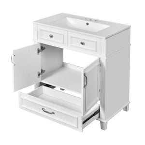 English Elm 30'' Bathroom Vanity with Sink - Retro Solid Wood Frame, Ceramic Basin, Soft-Close Doors & Ample Storage White N710P190656K