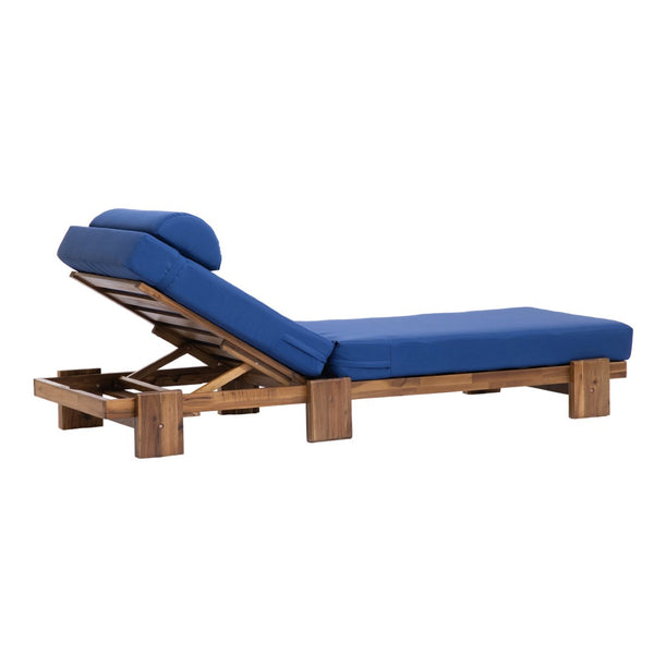 English Elm U_style Acacia Wood Outdoor Chaise Lounge with Retractable Tray and Padded Headrest Navy Blue WY000473AAC