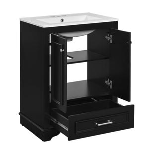 English Elm 24'' Bathroom Vanity with Ceramic Sink Combo Modern Freestanding MDF Cabinet with Soft-Close Doors and Sleek Silver Handles for Spacious Organized Bathroom Storage Black N710P194893B