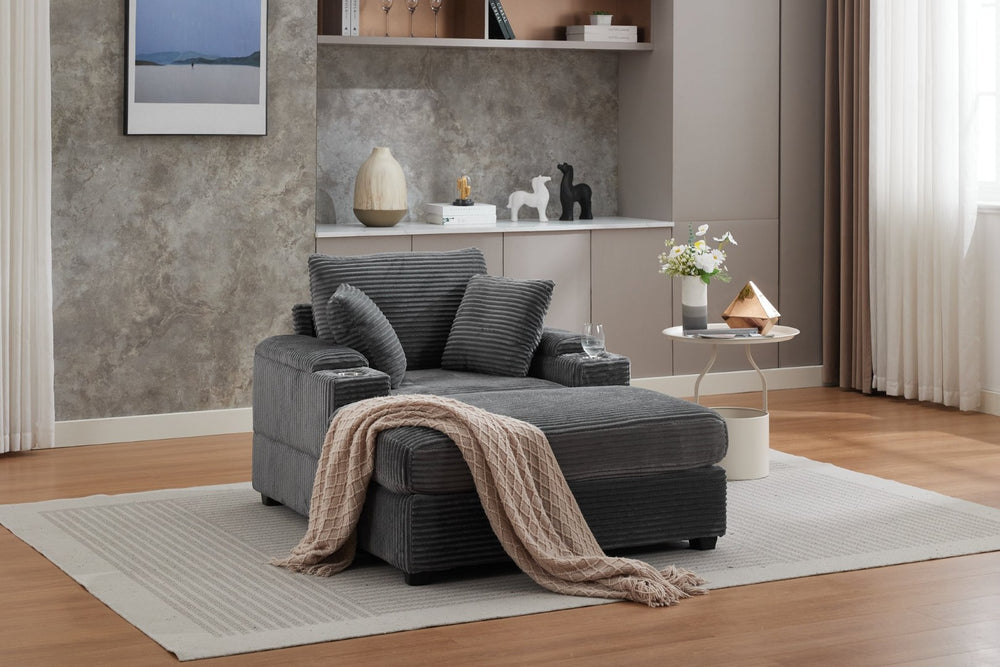 English Elm Corduroy Chaise Lounge Sofa With Storage, Movable Ottoman & Cupholders For Relaxation W2120S00004-GIGA