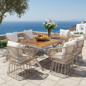 English Elm Outdoor Teak and Wicker Seven Piece Patio Dining Set with Cushioned Armchairs N770PS726B27B