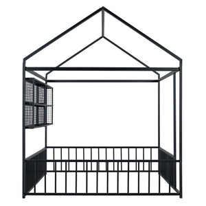 English Elm Full Metal House Bed Frame Full Size with Built-In Fence and 4 Grid Shelves for Durable Storage and Style Black N737P175361B