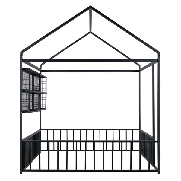 English Elm Full Metal House Bed Frame Full Size with Built-In Fence and 4 Grid Shelves for Durable Storage and Style Black N737P175361B
