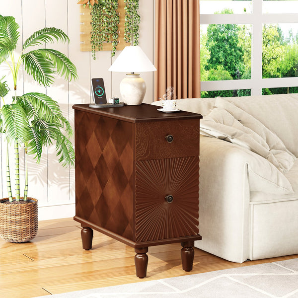 English Elm 2 Drawer Modern Sofa Side Table with Charging Station, Walnut Slim Nightstand with 2 AC/2 USB, 2 Drawers, Fully Assembled W2593P289143
