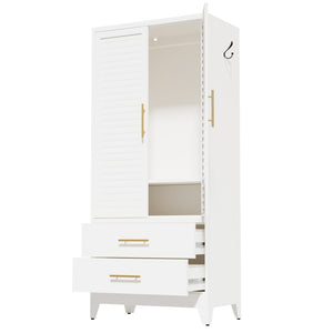 English Elm White Steel Freestanding Wardrobe Cabinet with Rod and Shelves for Dorm or Apartment T2398P480393