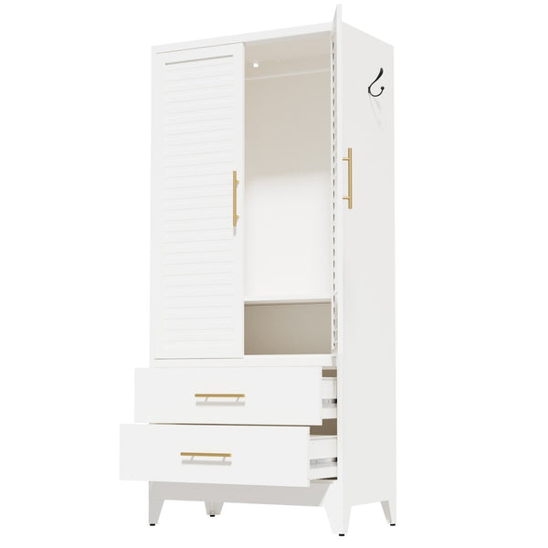 English Elm White Steel Freestanding Wardrobe Cabinet with Rod and Shelves for Dorm or Apartment T2398P480393
