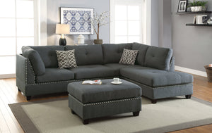 English Elm 3-PC Sectional Blue Gray Fabric Sofa Set with Reversible Chaise, Ottoman & Wood Frame, 104"W x 35"H B089S00113