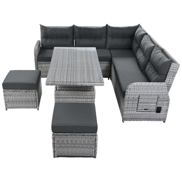 English Elm Outdoor Furniture Set: Modern Rattan Patio Set With Adjustable Recliners, Glass Tables & Ottomans N719Z000120E-GIGA