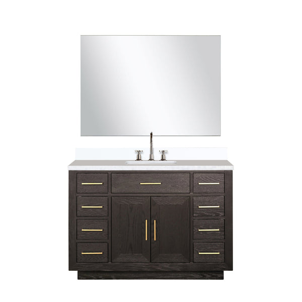 English Elm Brown Oak Single Bath Vanity Set With White Quartz Top, Chrome Faucet & 46" Frameless Mirror B2731S01959
