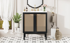 English Elm 30-inch bathroom vanity with handwoven rattan doors, ceramic sink, soft-close hinges, black bamboo elegance N729P285517B