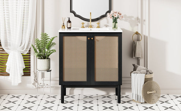 English Elm 30-inch bathroom vanity with handwoven rattan doors, ceramic sink, soft-close hinges, black bamboo elegance N729P285517B