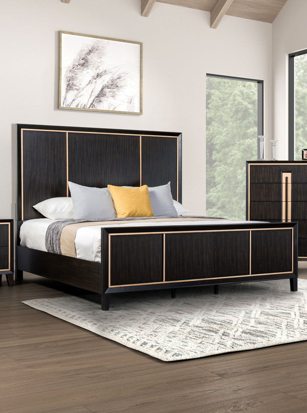 English Elm Bedroom Wooden Queen Bed with High Panel Headboard, Gold Trim Accent, Modern Luxury Design Espresso 25 L x 70 W x 5 H B2741S00072
