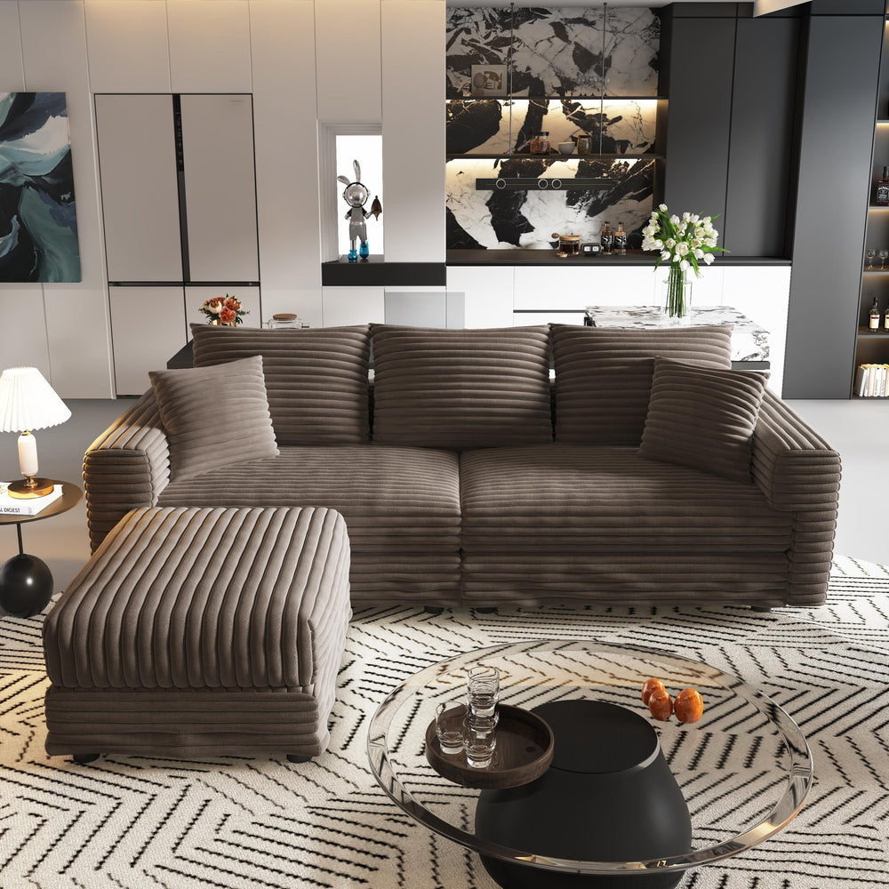 English Elm 82.7" Plush Corduroy 3-Seat Sofa - Cozy Modern Couch With Convertible Ottoman & Soft Pillows, Camel W1885S00148