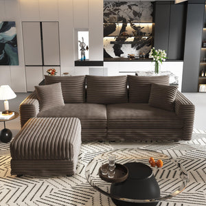 English Elm 82.7" Plush Corduroy 3-Seat Sofa - Cozy Modern Couch With Convertible Ottoman & Soft Pillows, Camel W1885S00148