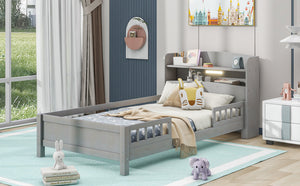 English Elm Wood Twin Platform Bed with LED Headboard Light, Built-In Storage Shelves and Safety Guardrail 93 Antique Gray WF308150AAE