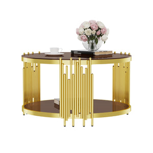 English Elm 31.5inch Modern Luxury Gold Coffee Table with Two-Tier Storage, Tempered Glass Top, Elegant Crown Design Dark Brown W1550P171485