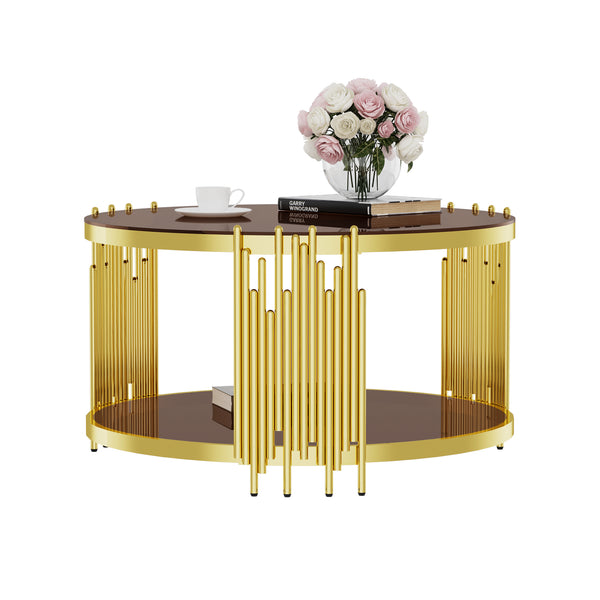 English Elm 31.5inch Modern Luxury Gold Coffee Table with Two-Tier Storage, Tempered Glass Top, Elegant Crown Design Dark Brown W1550P171485
