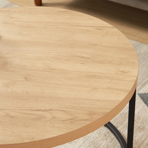 English Elm 31.5" Round Oak Finish Coffee Table Matte Black Steel Base for Modern Living Rooms Oak W3151P352763