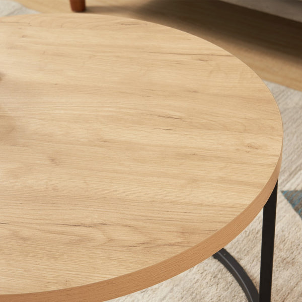 English Elm 31.5" Round Oak Finish Coffee Table Matte Black Steel Base for Modern Living Rooms Oak W3151P352763