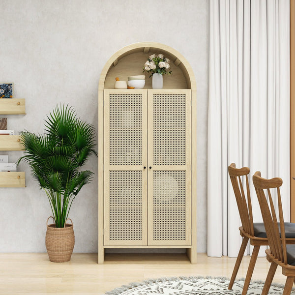 English Elm 70.28" Tall Arched Kitchen Pantry - Elegant Rattan Storage Cabinet With Adjustable Shelves & Safety Features W688P204451