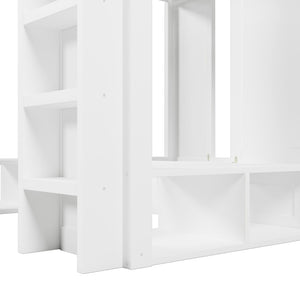 English Elm Triple Bunk Bed Wood Frame with Built in Shelves Hooks for Shared Kids Rooms White N7090004027K