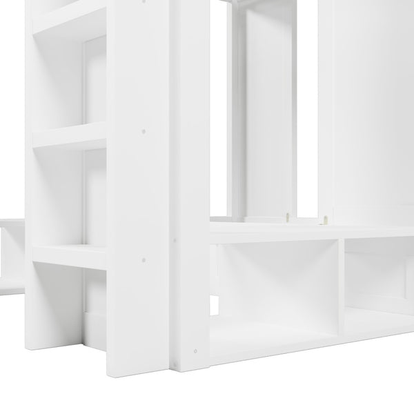 English Elm Triple Bunk Bed Wood Frame with Built in Shelves Hooks for Shared Kids Rooms White N7090004027K