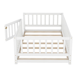 English Elm Twin Montessori Pine Floor Bed with Perimeter Fence Door and Slatted Base for Kids W1820P399071