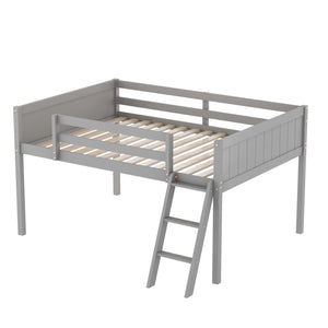 English Elm Full Low Loft Bed Pine Wood with Ladder & Guardrails, Space-Saving Play Area, Secure 350lb Capacity Gray WF531952AAE